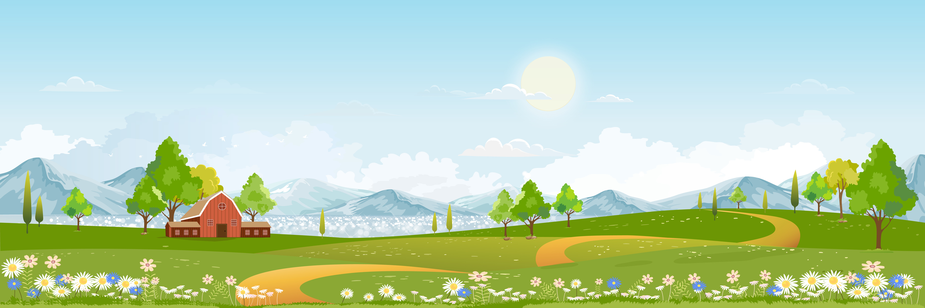 Spring Landscape in Village with Green Field and Sunset,Vector Flat Cartoon Rural Farmland with Mountain and Forest, Pink and Blue Sky, Natural Scene in Countryside,Panorama View on Sunny Day Summer